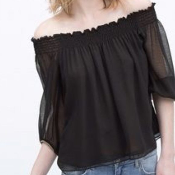 ZARA BASIC Off The Shoulder Sheer Top Gold Hem S - Picture 6 of 6